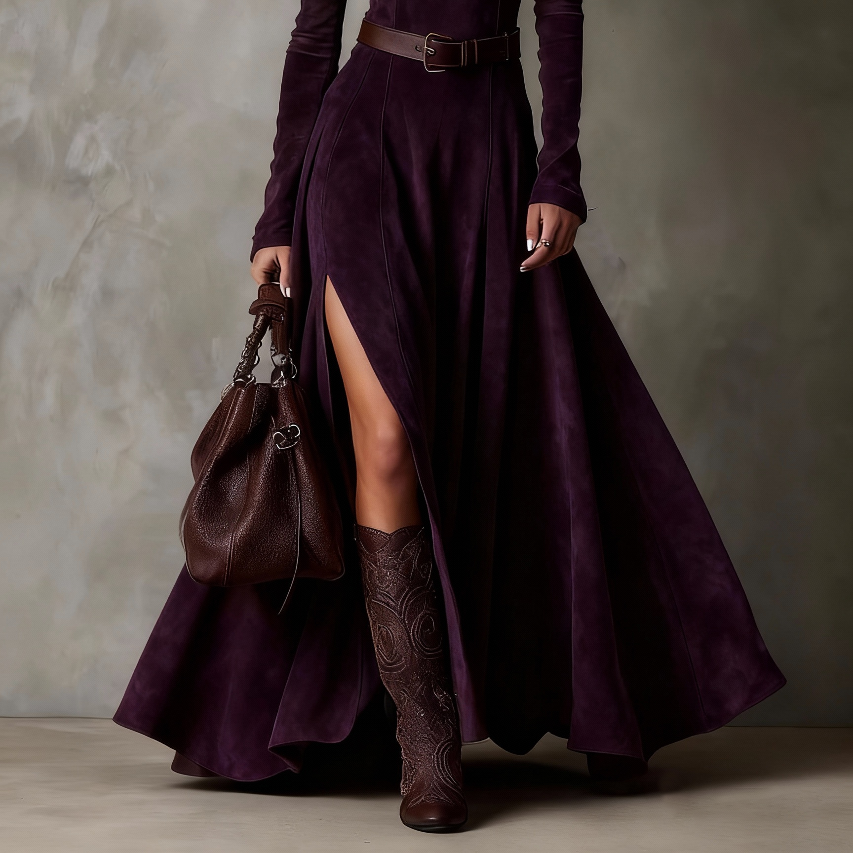 Women's Elegant Dark Brown Faux Leather Turtleneck Maxi Dress with
