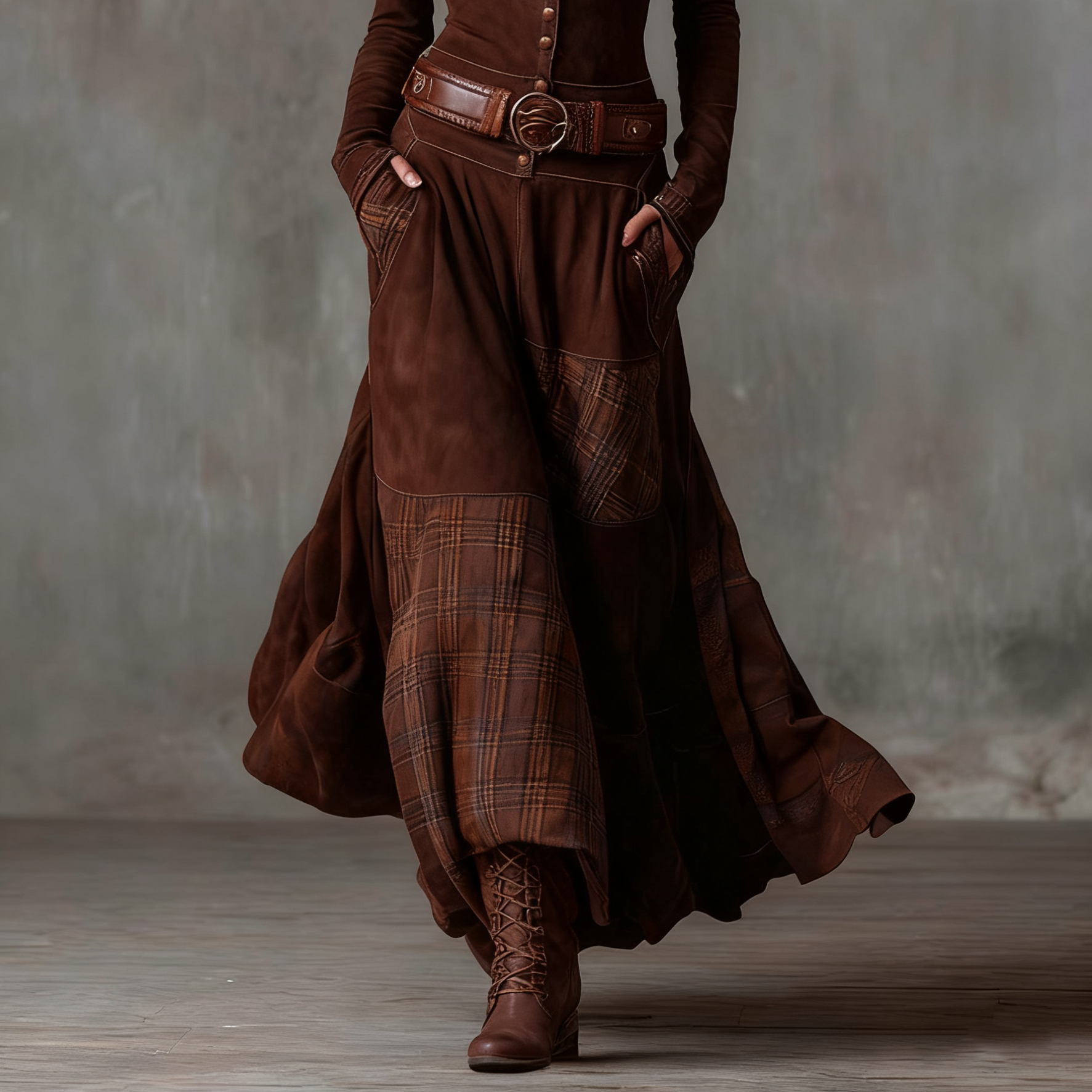 Women's Vintage Maxi Suede Dress with Plaid Navy Pattern and Belt