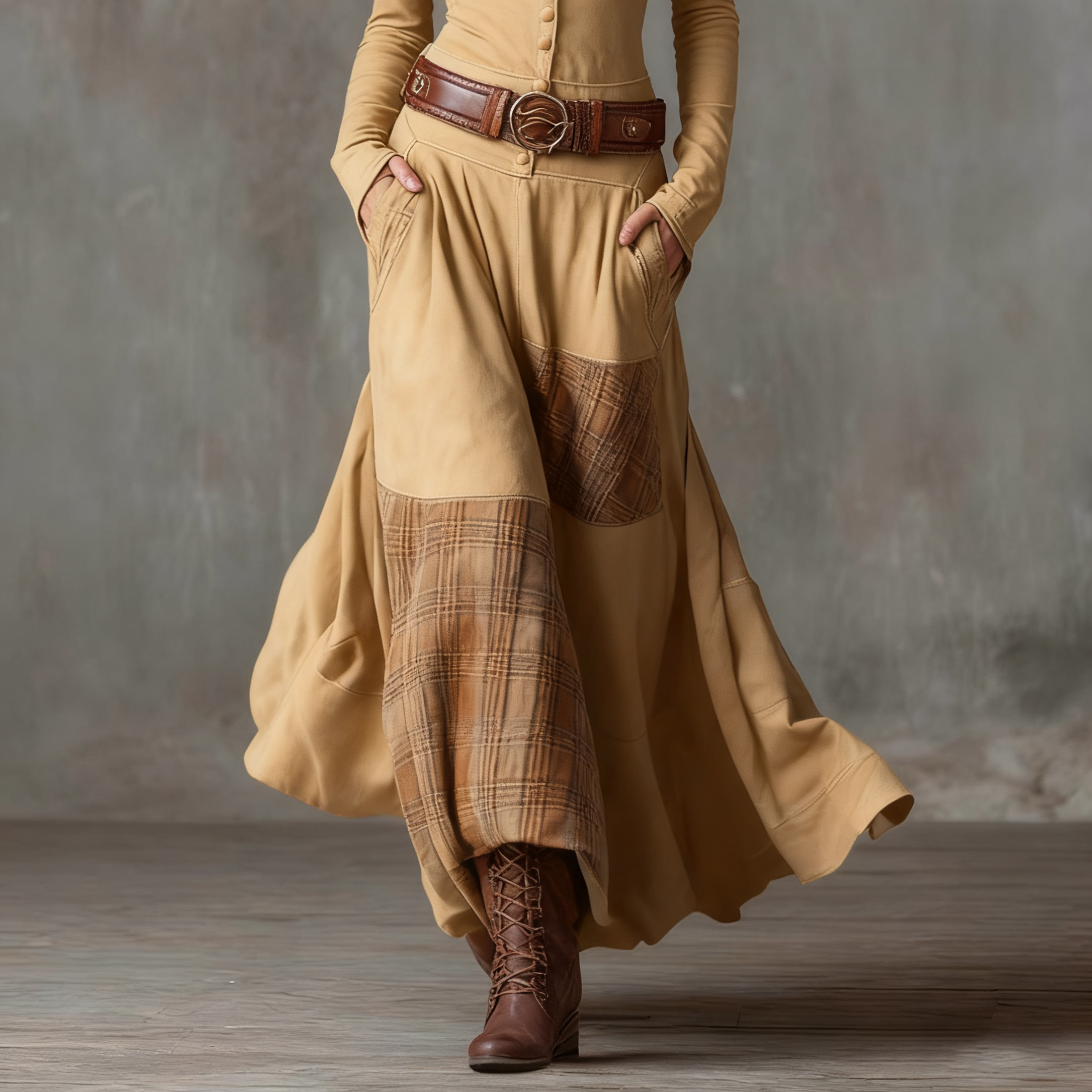 Women's Vintage Maxi Suede Dress with Plaid Navy Pattern and Belt