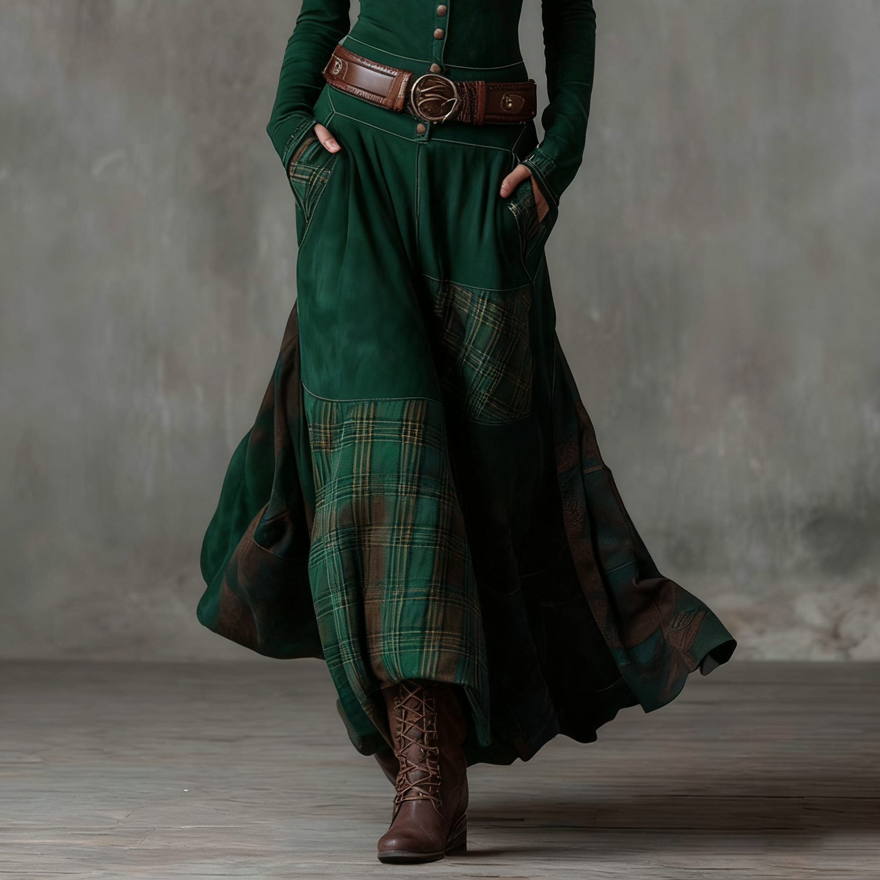 Women's Vintage Maxi Suede Dress with Plaid Navy Pattern and Belt