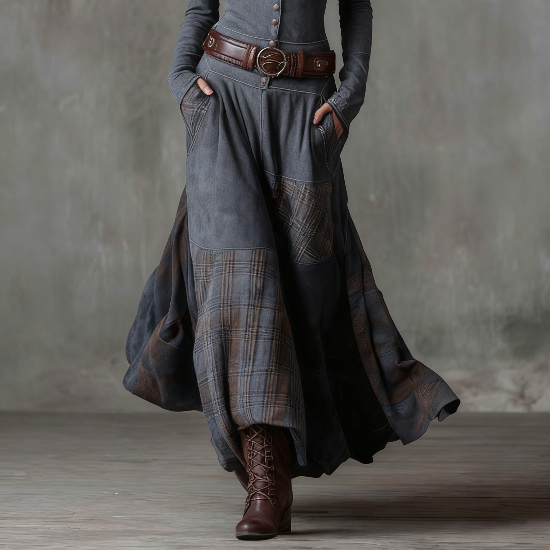 Women's Vintage Maxi Suede Dress with Plaid Navy Pattern and Belt