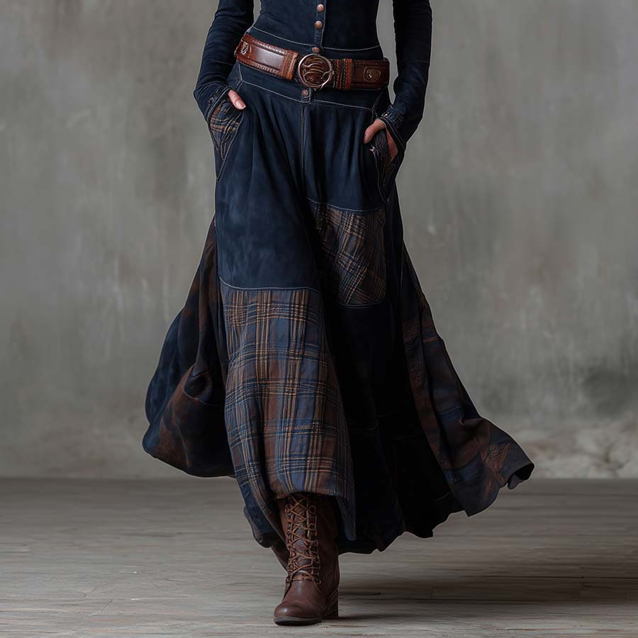 Women's Vintage Maxi Suede Dress with Plaid Navy Pattern and Belt