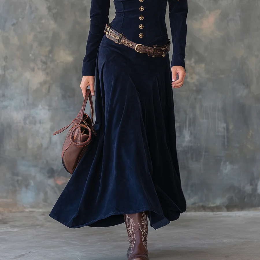 Women's Elegant vintage flap pocket polyester suede maxi dress