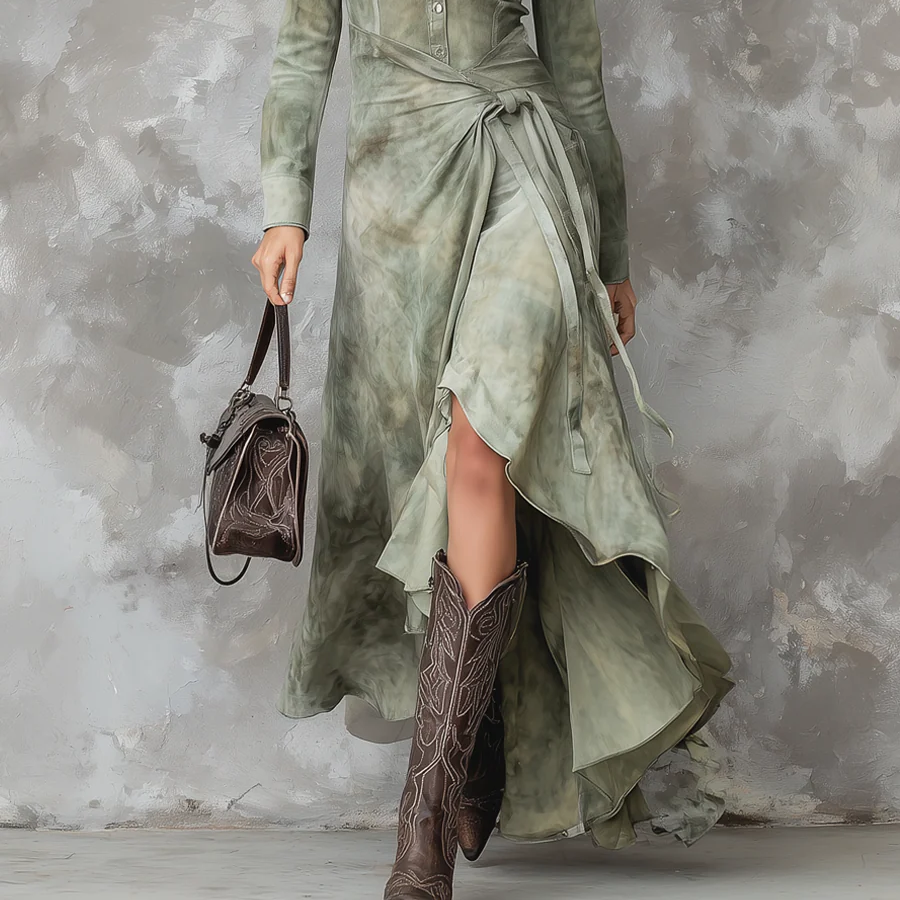 Women's Chic Vintage Sage Green Tie-Dye Pocket Slim Maxi Dress