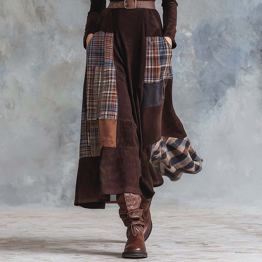 Women's Vintage Maxi Suede Dress with Brown Plaid Faux and
