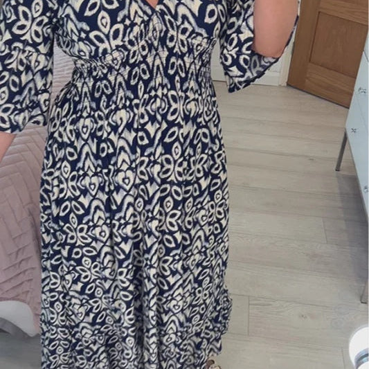 Women's Casual Bohemian Long Dress with Print, V-Neckline, and