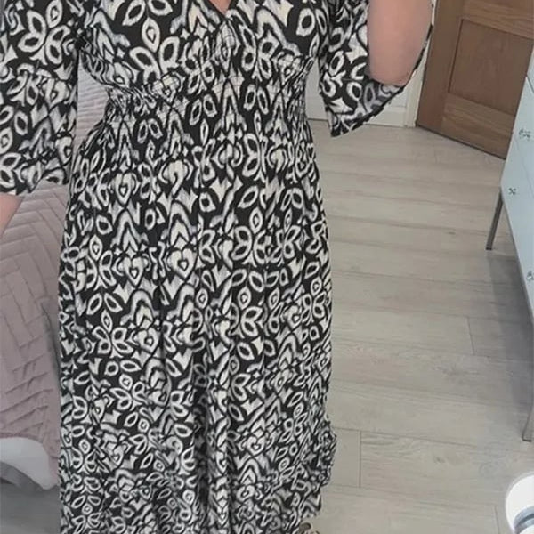 Women's Casual Bohemian Long Dress with Print, V-Neckline, and