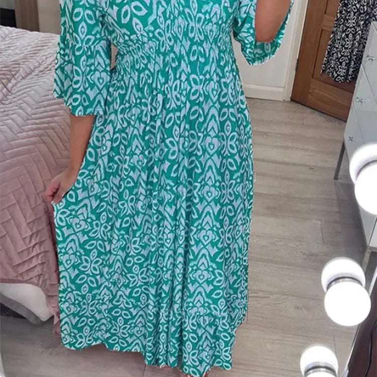Women's Casual Bohemian Long Dress with Print, V-Neckline, and