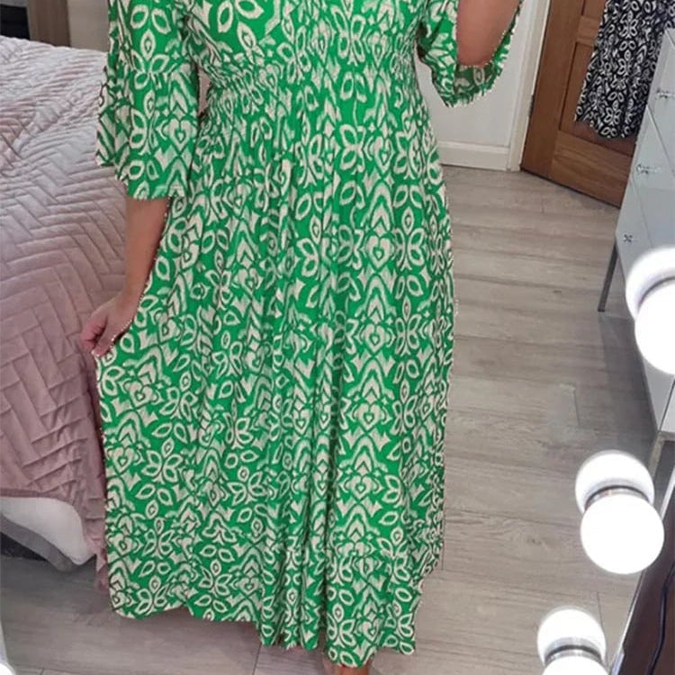 Women's Casual Bohemian Long Dress with Print, V-Neckline, and