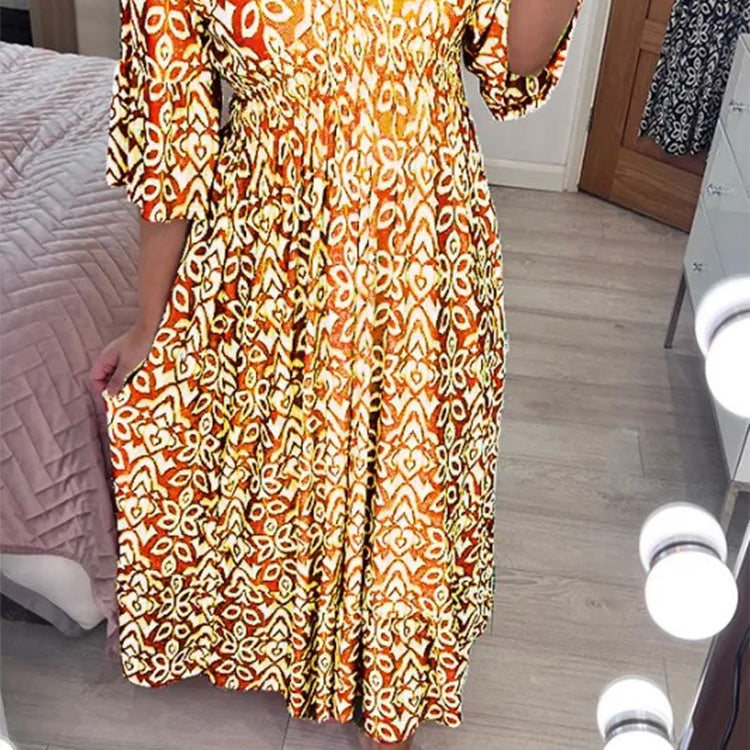 Women's Casual Bohemian Long Dress with Print, V-Neckline, and