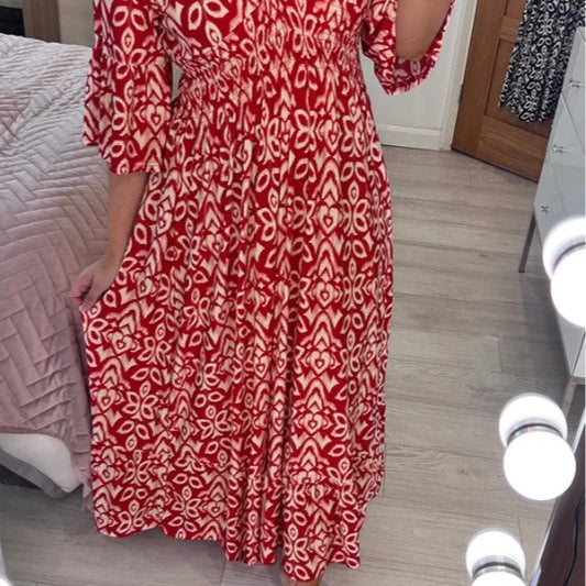 Women's Casual Bohemian Long Dress with Print, V-Neckline, and