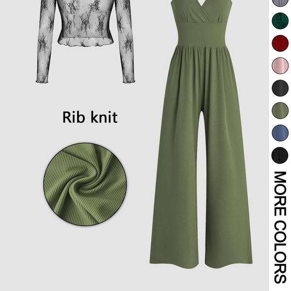Women's Solid Color Lace Tee & Pocket Jumpsuit Set