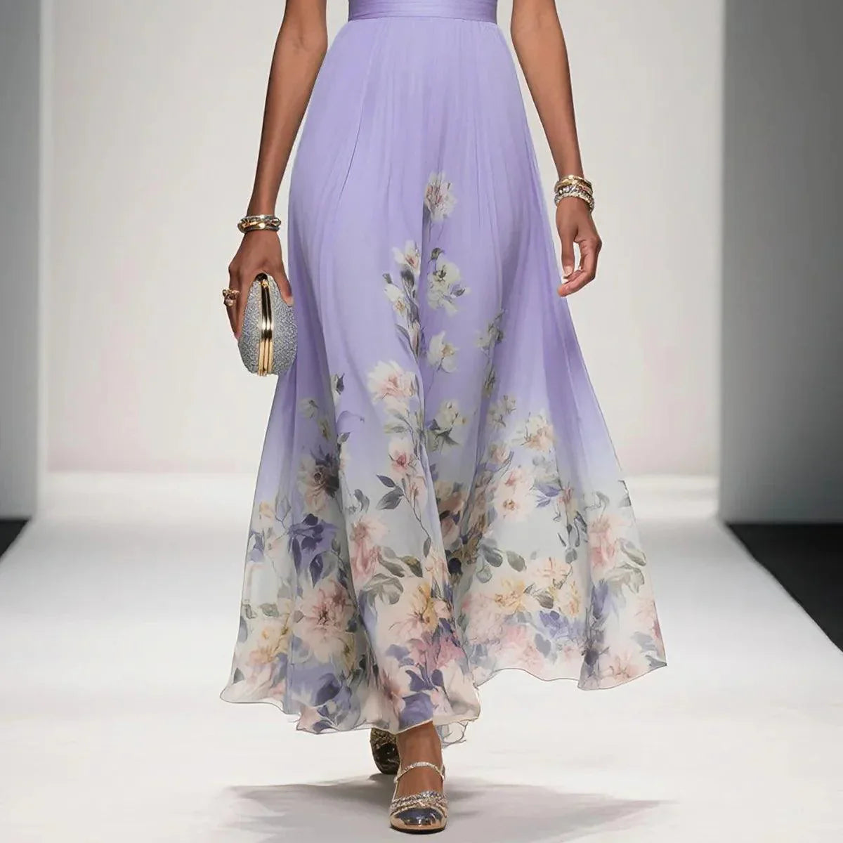 Elegant Light Blue Floral Chiffon V-Neck Sleeveless A-Line Maxi Dress