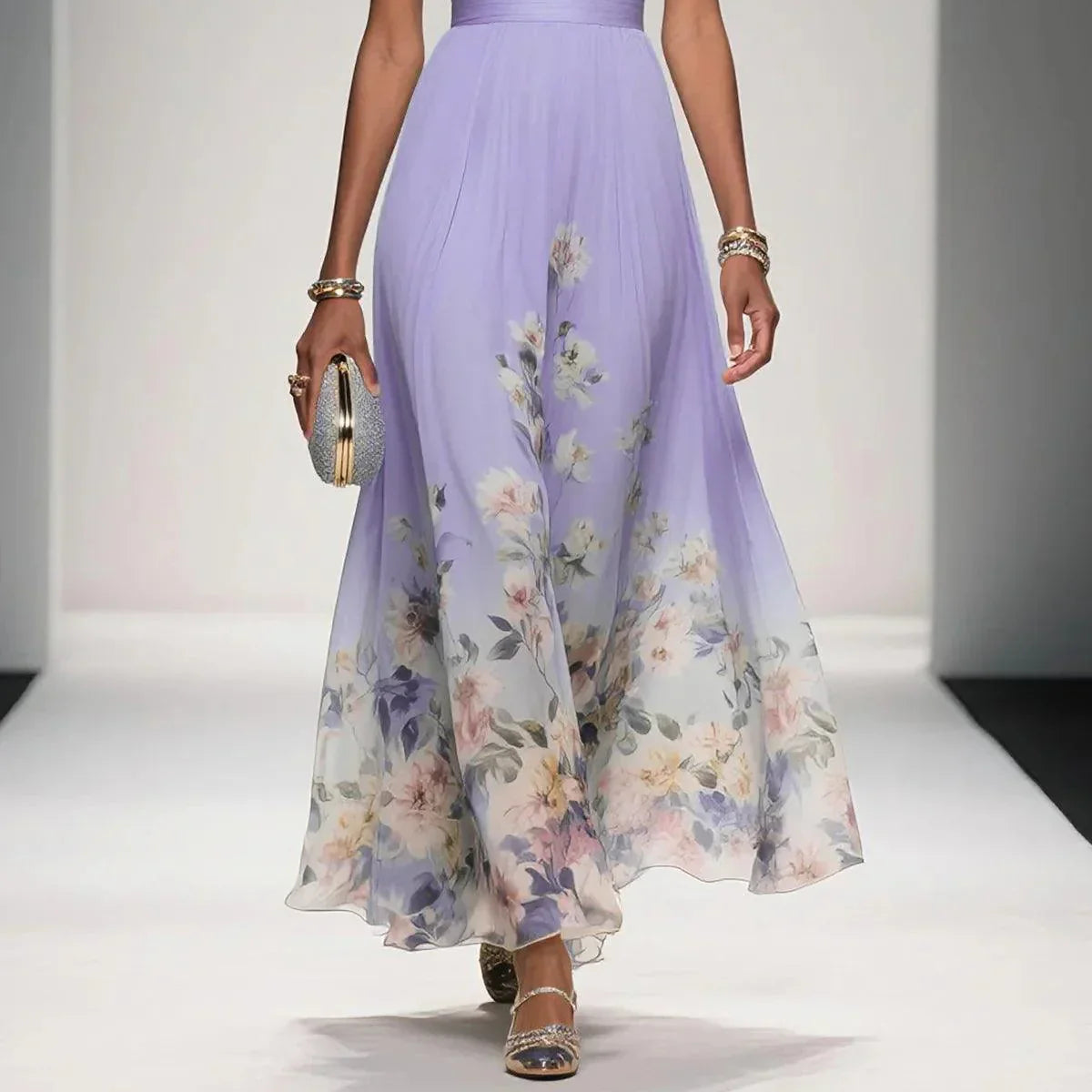 Women's Elegant Light Blue Floral Chiffon V-Neck Sleeveless A-Line