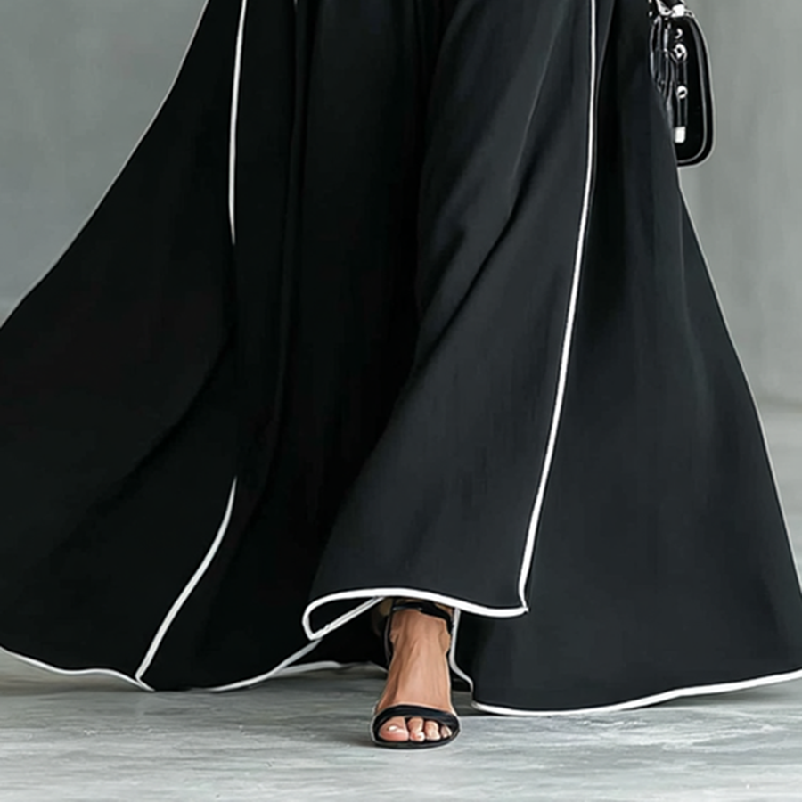 Women's Elegant Black Maxi Dress with White Stitching, High Neck