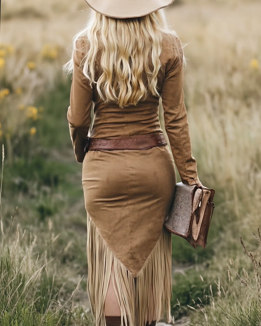Chic Retro Western Midi Dress with Tassels