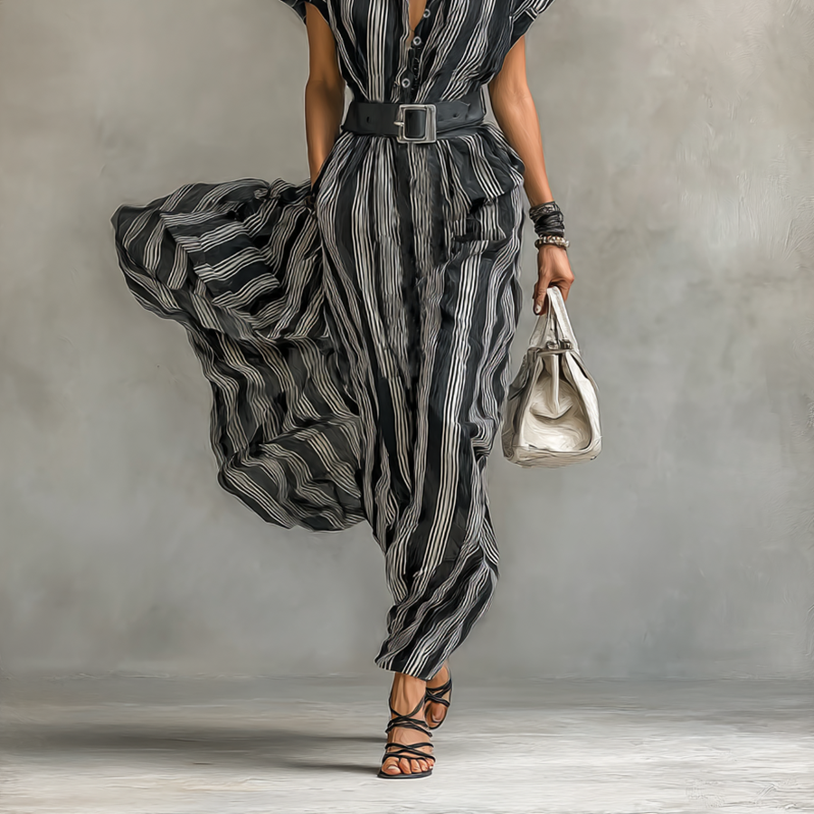 Women's Maxi Dress with Striped Print, Collar, Short Sleeves