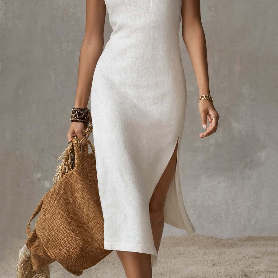 Women's Collar Midi Dress with a Split Hem