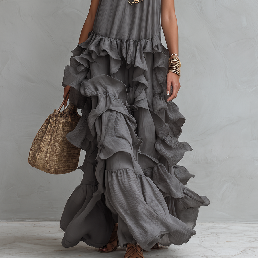 Women's Elegant Grey Romantic Layered Ruffle Maxi Dress
