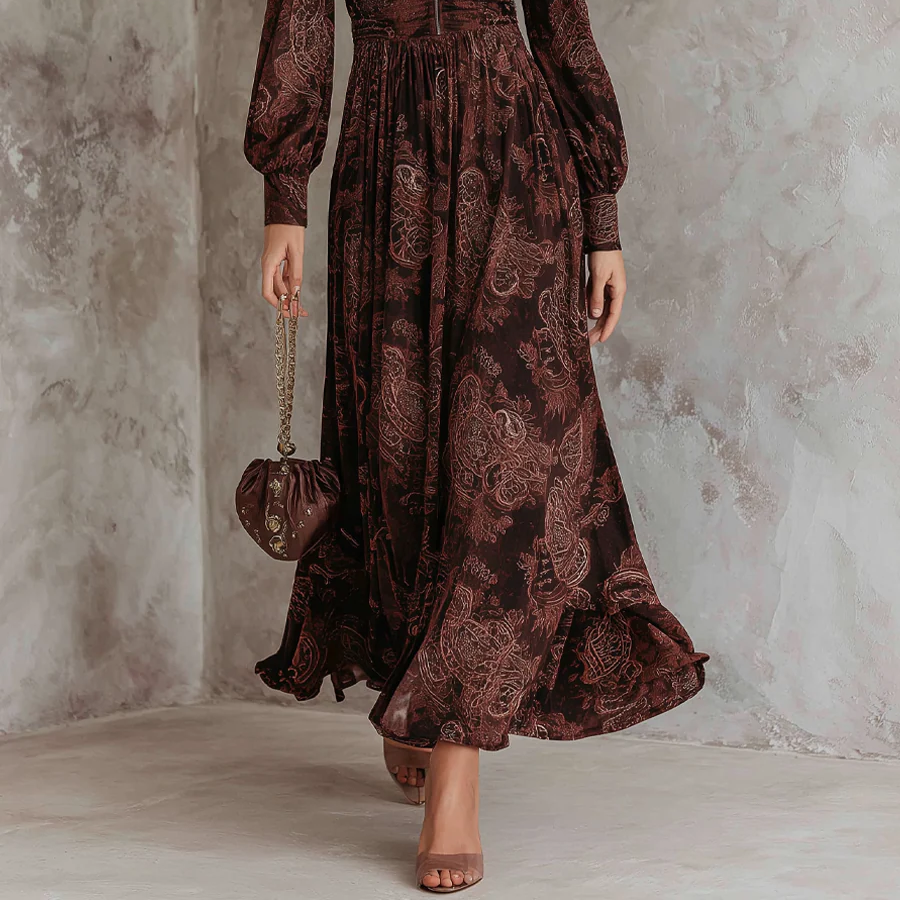 Women's Brown Maxi Dress with Zip Waist and Paisley Pattern
