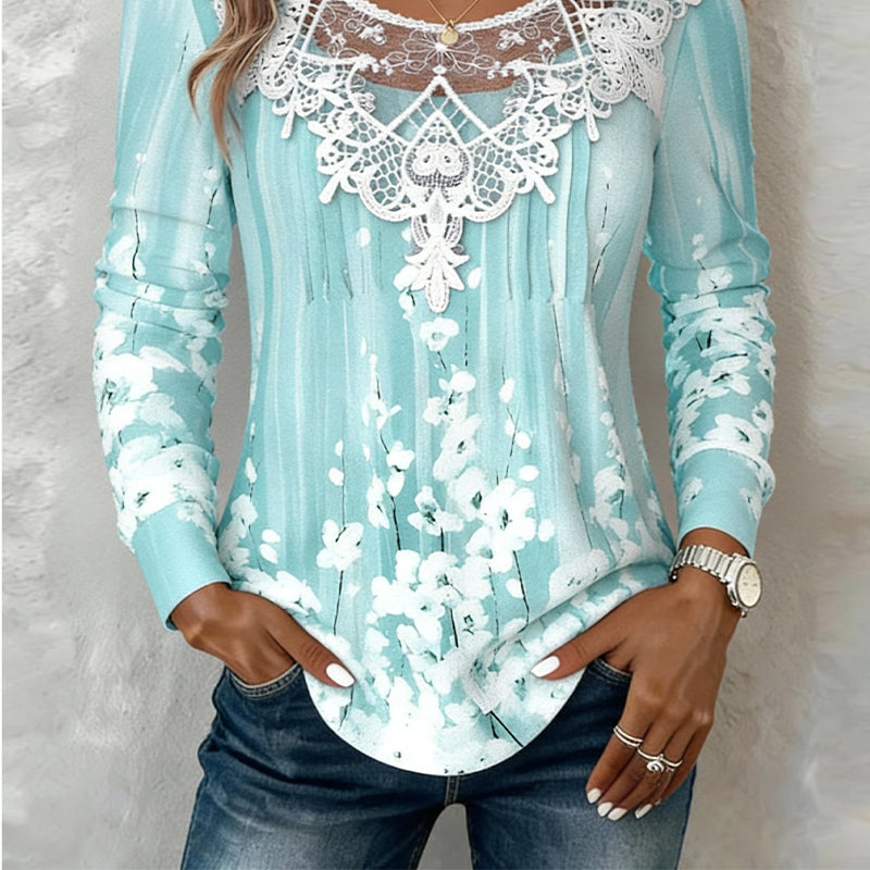 Women's Floral Long-Sleeve Top with Round Neck and Delicate Lace Trim