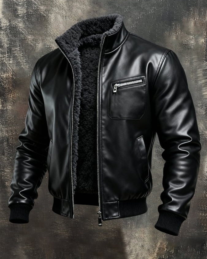 Black faux leather jacket with warm sherpa lining – comfortable and stylish