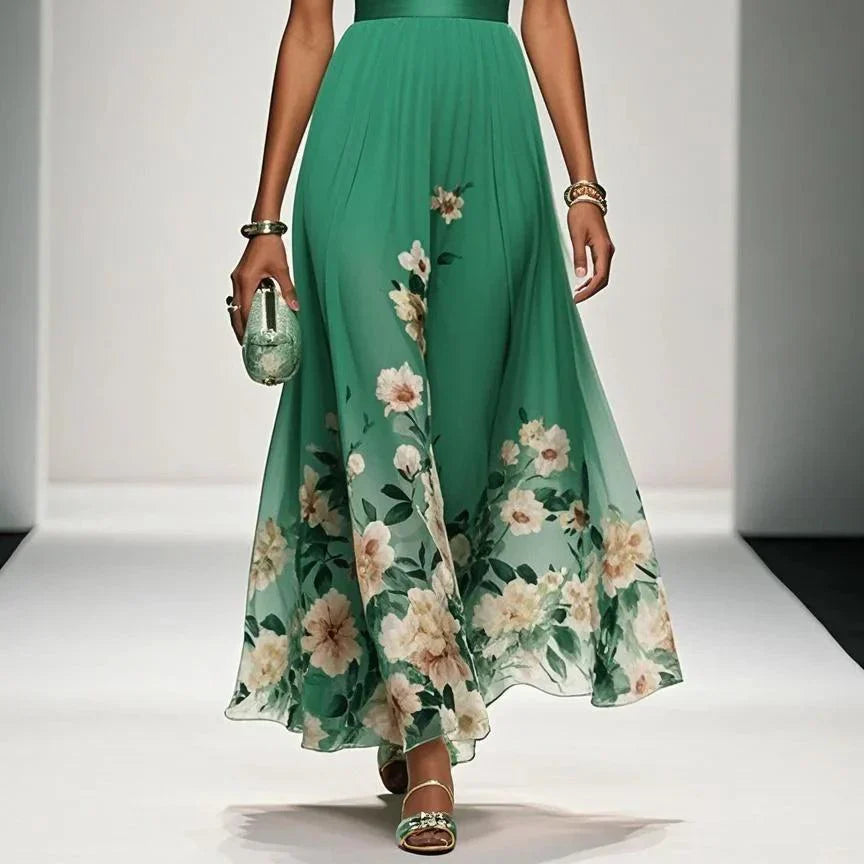 Elegant Light Blue Floral Chiffon V-Neck Sleeveless A-Line Long Dress