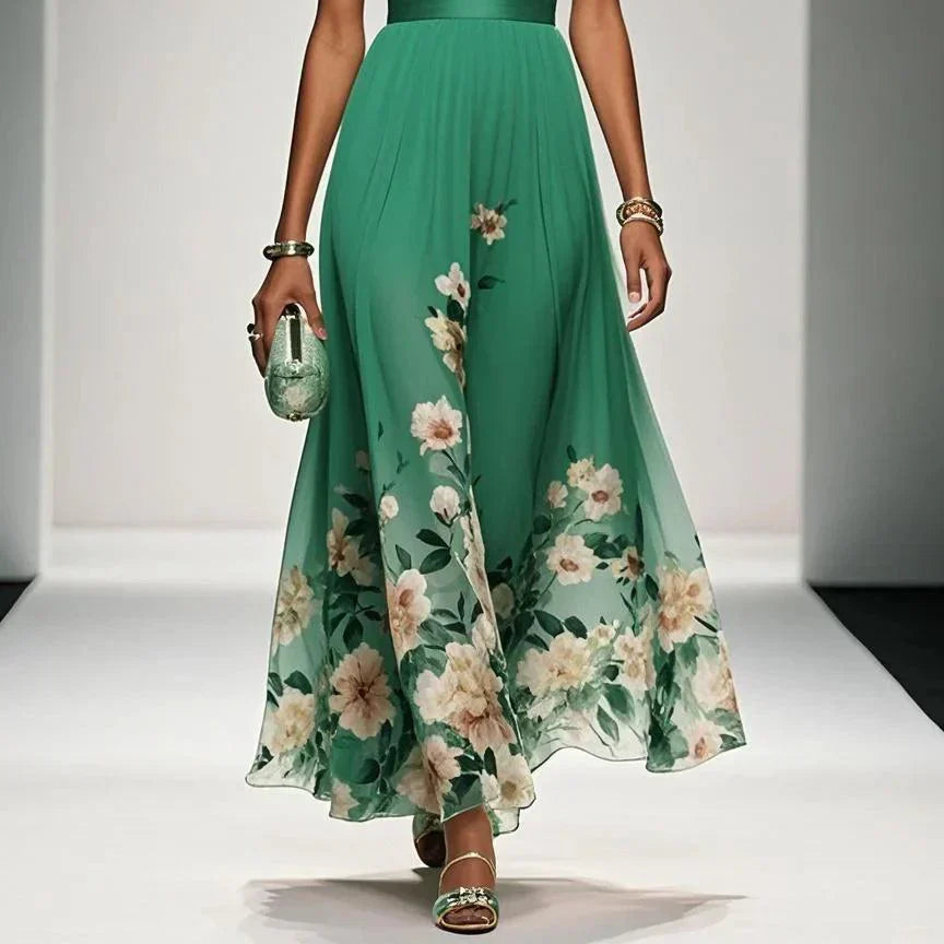 Women's Elegant Light Blue Floral Chiffon V-Neck Sleeveless A-Line