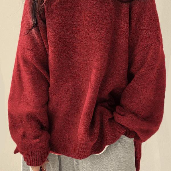 Women's Drop-Shoulder Sweater with Split Hem and Round Neck