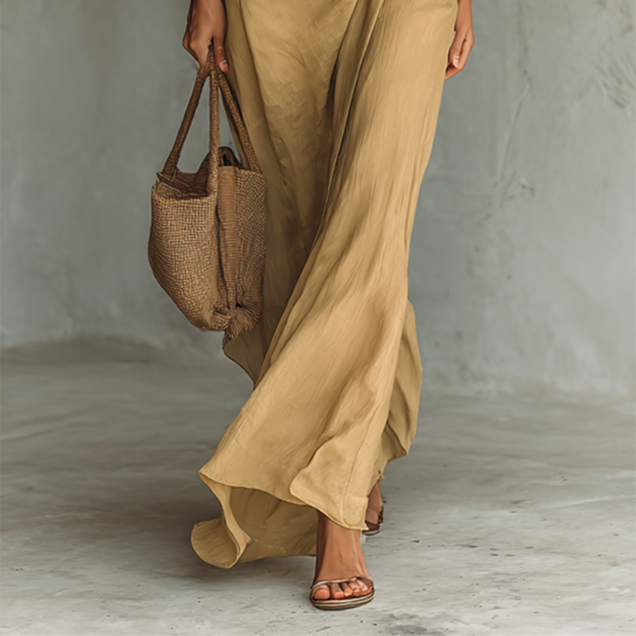 Women's Elegant Long Maxi Dress with Notched Collar and Belt Included