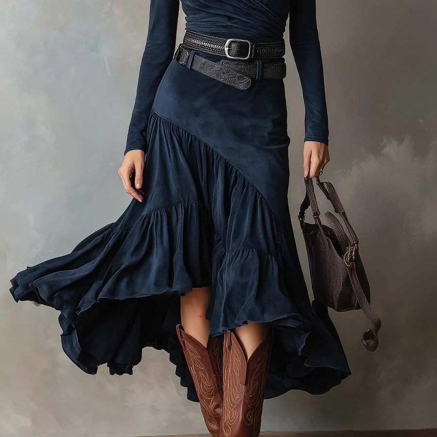 Women's Navy Blue Asymmetric Maxi Dress in Faux Suede with Belt
