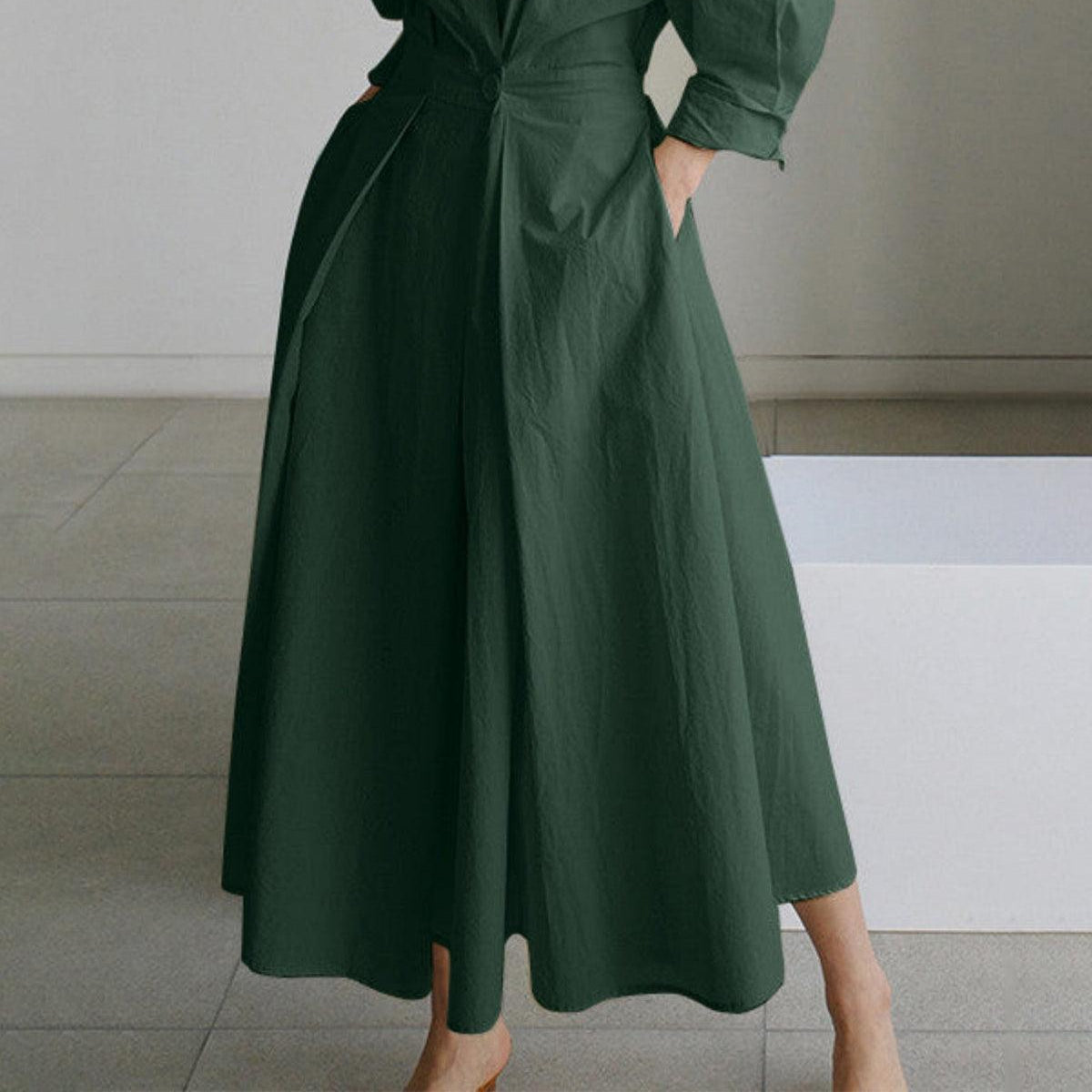 Women's Elegant Solid Midi Dress with Notched Collar and Pockets