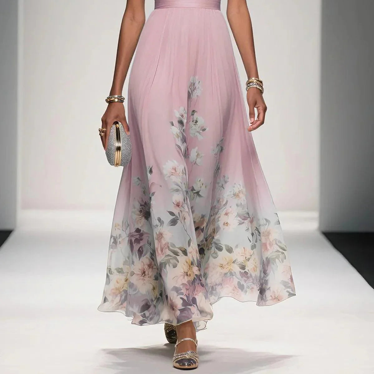Elegant Light Blue Floral Chiffon V-Neck Sleeveless A-Line Maxi Dress