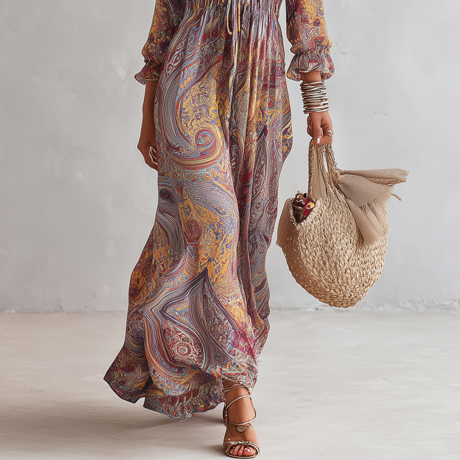 Women's Chic Vintage Paisley Print V-Neck Dress with Tie-Waist