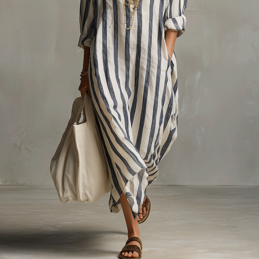 Women's Chic Casual Striped Shirt Maxi Dress