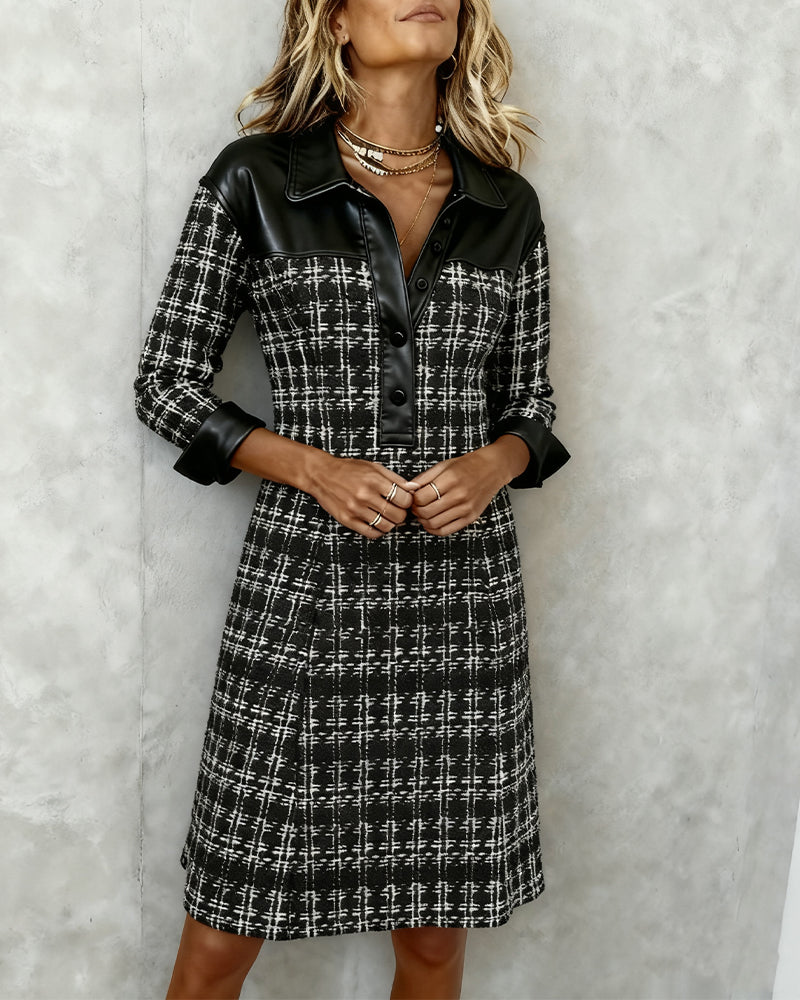 Chic Patchwork and Houndstooth Long-Sleeve Dress