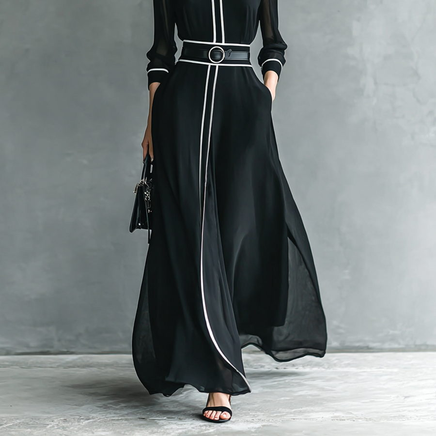 Women's Elegant Maxi Dress with High Neck and Long Sleeves, White Trim