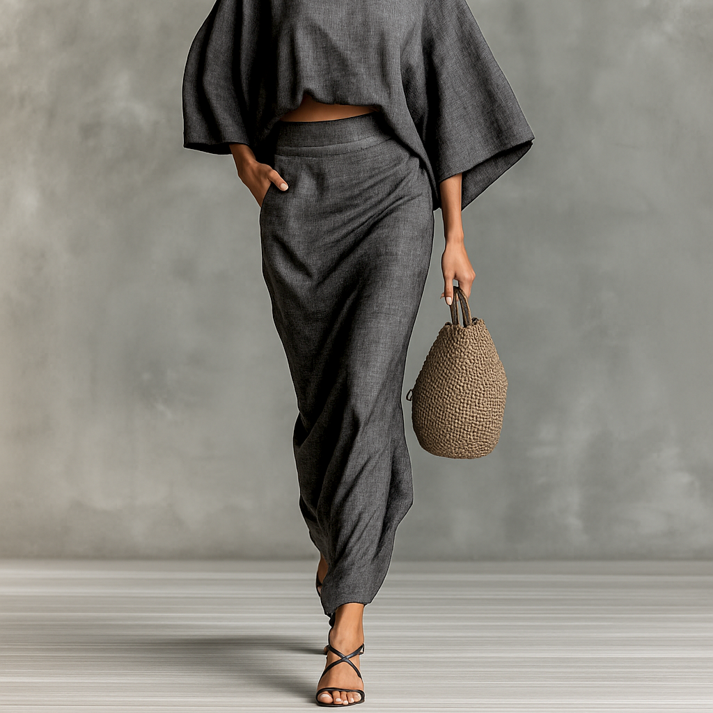 Two-piece set with long skirt and batwing sleeves
