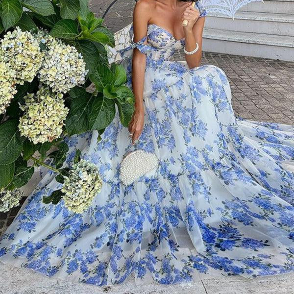 Women's Maxi Organza Dress with Floral Print and Bow Straps