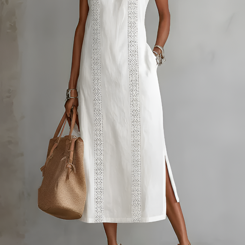 Jimena™ | Embroidered Mandarin Collar Midi Dress