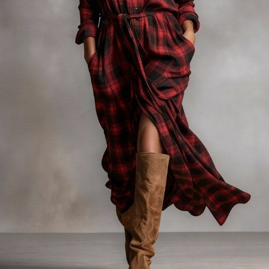 Women's Red Plaid Maxi Dress with Button-Down Collar