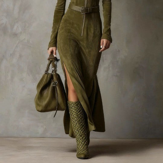 Green Vintage Maxi Dress with Zipper Closure Belt (Belt Included)