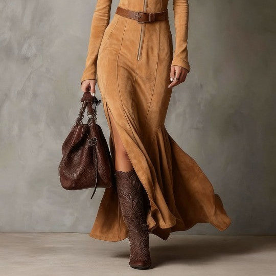 Women's Elegant Vintage Camel Zipper Maxi Dress with Belt for a