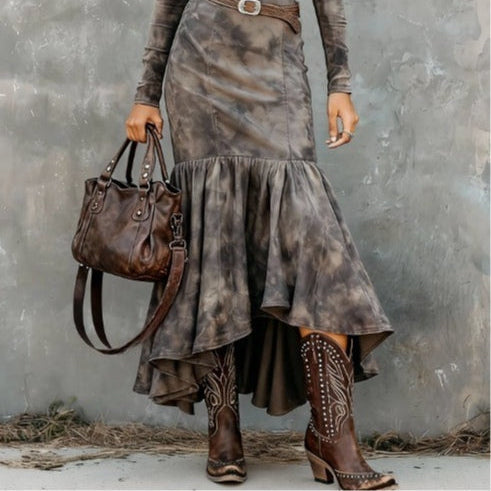 Women's Vintage Long Polyester Dress with Flared Hem and Belt for