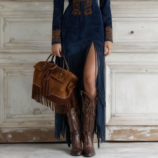 Women's Elegant Western Half-Zip Faux Suede Maxi Dress with