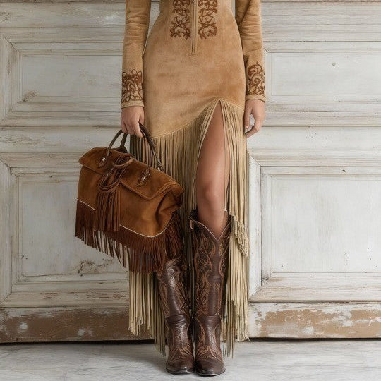 Women's Ophelio Western-Style Embroidered Faux-Suede Fringe Maxi Dress