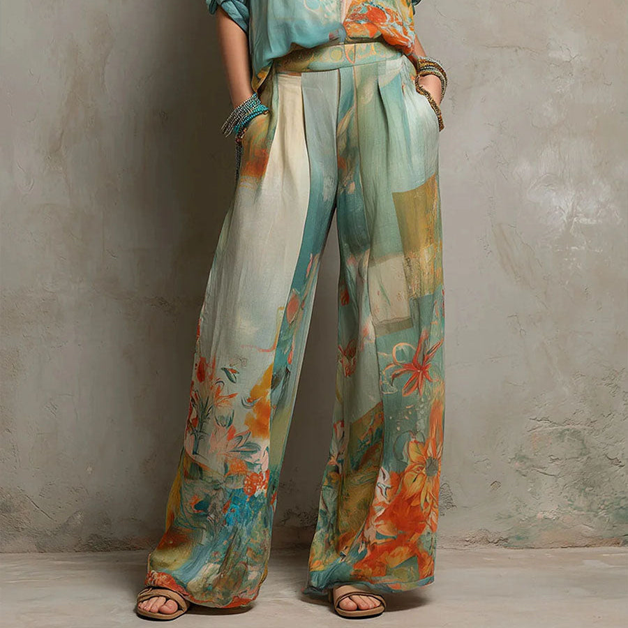 Chiara | Elegant floral print set with wide-leg pants