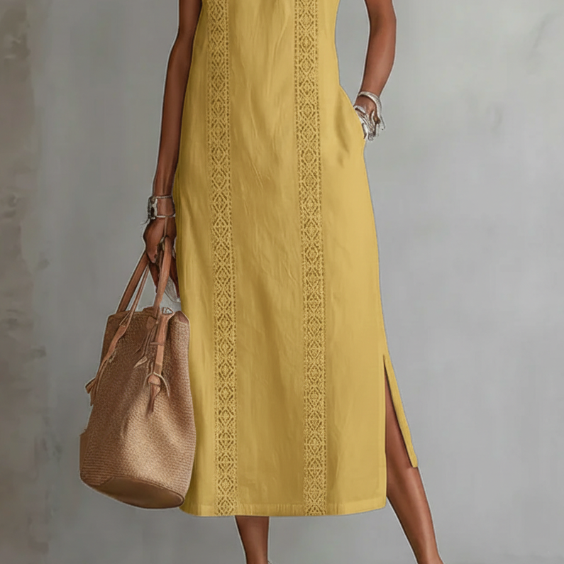 Jimena™ | Embroidered Mandarin Collar Midi Dress
