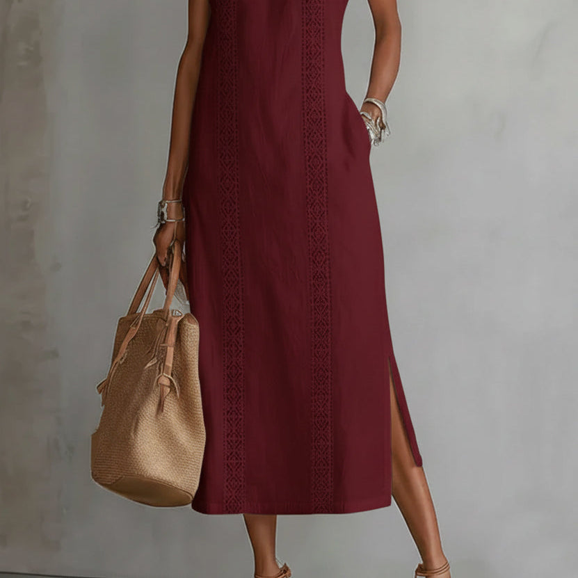 Jimena™ | Embroidered Mandarin Collar Midi Dress