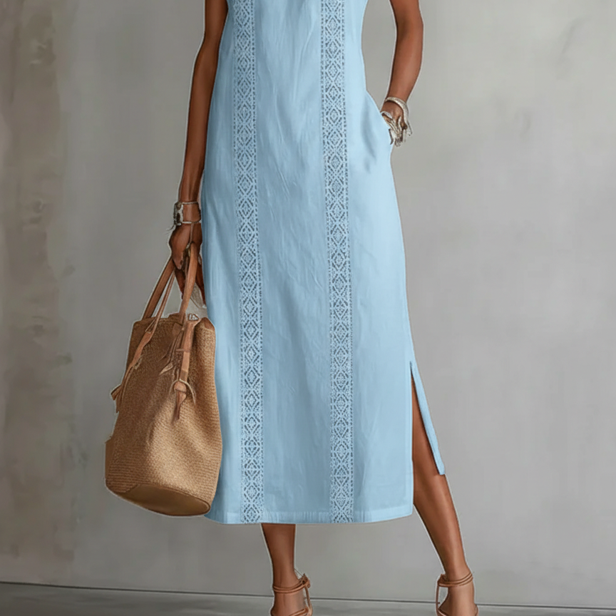 Jimena™ | Embroidered Mandarin Collar Midi Dress